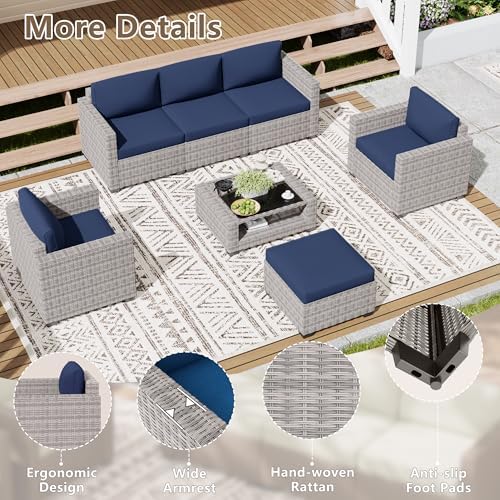 LOUVIXA 7 Piece Outdoor Patio Furniture Set, Rattan Chairs Glass Table Wicker Conversation Seating Sectional Sofa with Cushions (Grey White-Navy, 7Pcs-2 Layer Coffee Table) - Image 6
