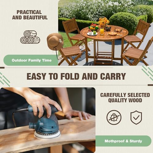 Devoko Acacia Wood Outdoor Patio Folding Table and Chairs Set for 4 - Image 4