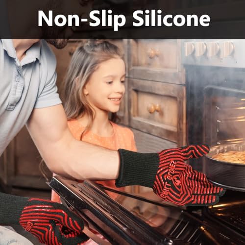 QUWIN BBQ Gloves, BBQ Accessories 1472℉ Extreme Heat Resistant, Grilling Gloves Silicone Non-Slip Oven Mitts, Kitchen Gloves for BBQ, Grilling, Cooking, Baking-1 Pair 11inch, Red - Image 4