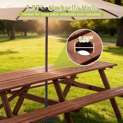 94.5'' Large Outdoor Dining Table, Rectangular Wooden Patio Dining Table & 2 Built-in Bench for 12, 2" Umbrella Hole, Suitable for Backyard Garden Porch, Brown - Image 4