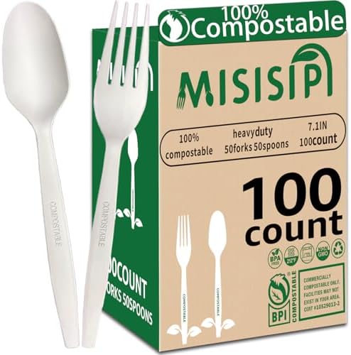 MISISIPI [7.1In 100Pcs] 100% Compostable Forks and Spoons Biodegradable Forks and Spoons HeavyDuty No Plastic Fork and Spoon Eco-friendly HeavyWeight Disposable Forks and Spoon Flatware Set by MISISIPI