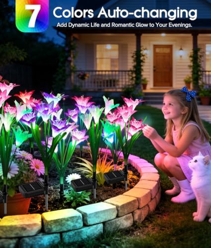 KOOPER Outdoor Solar Lights, 6 Pack Solar Garden Light with Bigger Lily Flowers, Waterproof 7 Color Changing Solar Lights Outdoor - Bigger Panel for Patio Yard Garden Decoration, Gift for Mom - Image 2
