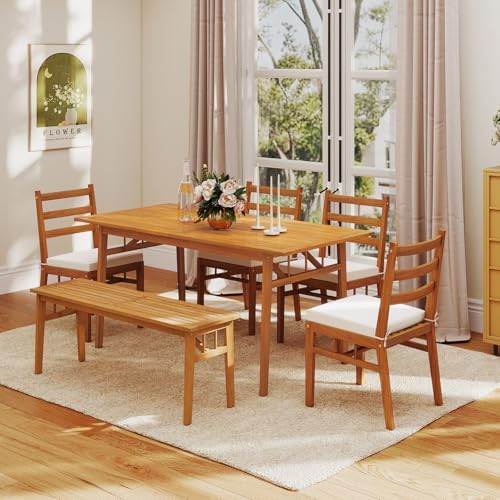 Tangkula 6 Pieces Patio Acacia Wood Dining Set, Outdoor Rectangular Table with 1.97” Umbrella Hole, Bench and Cushioned Chairs for 6, for Deck, Yard and Poolside - Image 2