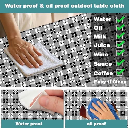 Picnic Table Cover with Bench Covers and Bag, Camping Essentials, Buffalo Plaid Waterproof and Windproof, Fitted Tablecloth Cover with Elastic Edge, for Outdoor, 3 PCS, (Black & White, 30"x96") - Image 6