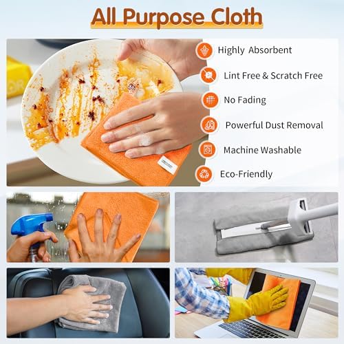 FIXSMITH Microfiber Cleaning Cloth -Pack of 8, Highly Absorbent Cleaning Rags(Grey&Orange), 16"X12" All Purpose Cleaning Towels for Housekeeping, Kitchen, Car, Reusable Microfiber Towels - Image 5