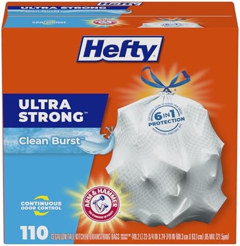 Hefty Ultra Strong 13 Gallon Trash Bags, Tall Kitchen Trash Bags 13 Gallon Size, Drawstring Closure, Continuous Odor Control, White, Clean Burst Scent, 110 Bags by Hefty