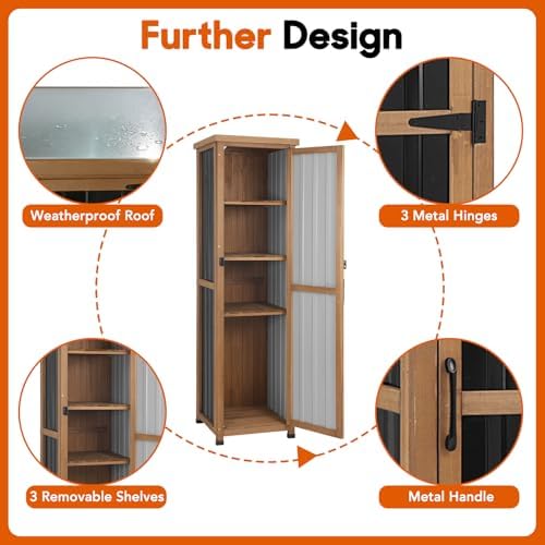 Outdoor Storage Cabinet, Wood & Metal Storage Shed with Weatherproof Roof, 3 Removable Shelves, Lockable Door, Adjustable Feet, Outside Storage Cabinet for Garage, Patio, Backyard - Image 4