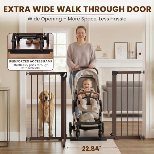 Mumeasy 29.7-57" Extra Wide Baby Gate, Auto Close Large Dog Gate for Doorways, No Drilling Pressure Mounted Pet Safety Gate for Stairs, Easy Walk Through Child Gate for Hallways, House, Indoor, Brown - Image 5