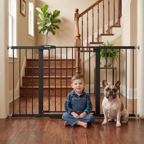 Mumeasy 29.7-57" Extra Wide Baby Gate, Auto Close Large Dog Gate for Doorways, No Drilling Pressure Mounted Pet Safety Gate for Stairs, Easy Walk Through Child Gate for Hallways, House, Indoor, Black by Mumeasy-FocusonBabyPetSafetyGate