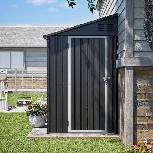 YOPTO 4x8 FT Lean to Outdoor Storage Shed,Metal Shed W/Floor Frame & Reversible Installation,All Weather Waterproof Garden Tool House W/Lockable Door & 2 Air Vents,for Backyard,Patio,Lawn,Black - Image 5