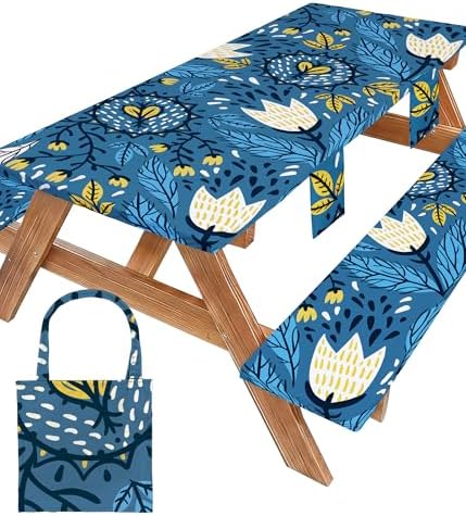 Picnic Table Cover with Bench Covers Waterproof Elastic Rectangle Tablecloth Camping Essentials Supplies Rv Car Travel Gear Must Haves Accessories Fitted Table Cloth Outdoor Road Trip Camper Gifts 8ft by Wrakus