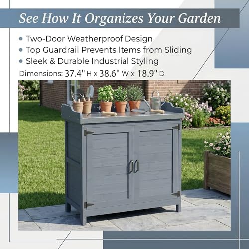 GDLF Outdoor Storage Cabinet with Work Bench, Garden Potting Table, Gray - Image 2