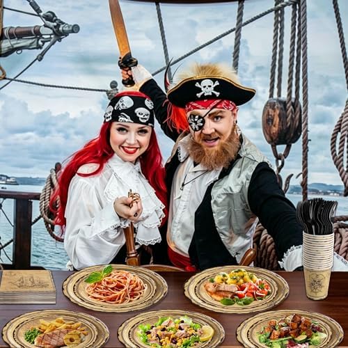 144 Pcs Pirate Tableware Set for 24 Guests, Heavy-Duty 7" & 9" Paper Plates, Cups, 2-Ply 13" Napkins & Plastic Forks, Disposable Treasure Map Theme Party Supplies - Image 3