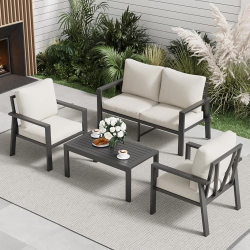 4-Piece Aluminum Outdoor Patio Furniture Sets All-Weather Patio Conversation Set Sectional Sofa with Coffee Table & Cushions with Removable Covers for for Deck Backyard Garden Poolside Balcony Porch - Image 5
