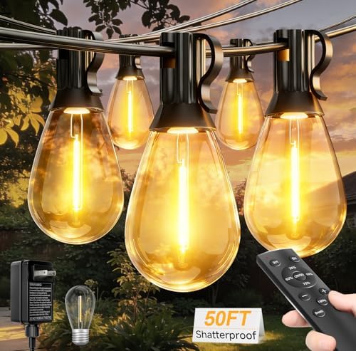 50FT Outdoor String Lights with Remote, LED Patio Lights with 18+1 Waterproof S11 Bulbs, Outside Dimmable 2700K Warm White, Timer & 3 Modes,for Backyard Garden Deck Porch Balcony Gazebo Party Decor by Tenmiro