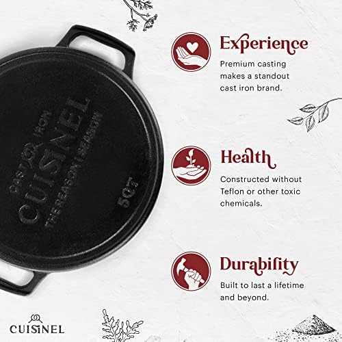 Cuisinel Cast Iron Dutch Oven - 5-Quart Deep Pot - Preseasoned 2-in-1 Multi-Cooker - Combo Lid Doubles as 10"-inch Skillet Frying Pan + Silicone Handle Covers + Scraper - Indoor/Outdoor Bread Cookware - Image 3