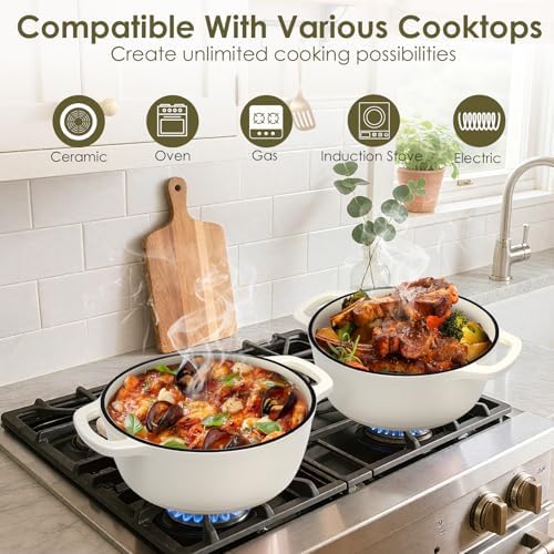 Enameled Cast Iron Dutch Oven Pot With Lid - AIVIKI 5QT Dutch Oven for Bread Baking With Cotton Potholders - Heavy-Duty Cookware for Braising, Stew, Roasting, Oven Safe up to 500°F, Cream White - Image 6