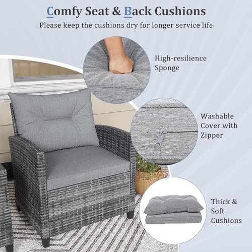 KOTEK 3 Piece Patio Furniture Set, Outdoor PE Rattan Conversation Set with Washable Cushions & Tempered Glass Tabletop, Wicker Chairs and Table Set for Porch, Garden, Balcony (Grey) - Image 4