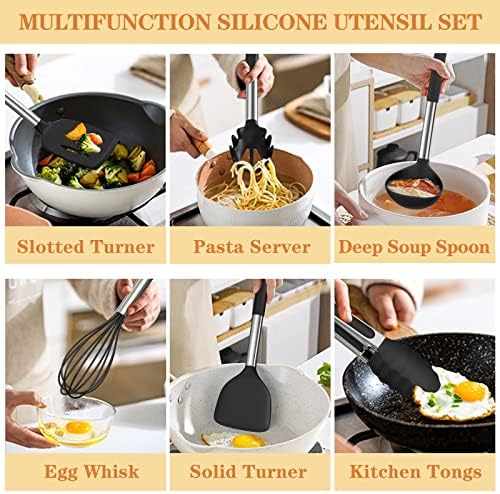 Silicone Cooking Kitchen Utensil Set, Umite Chef 43 PCS Heat Resistant Kitchen Utensils Gadget Set-Stainless Steel Handle- Kitchen Spatula Tools for Nonstick Cookware, Kitchen Accessories(Black) - Image 3