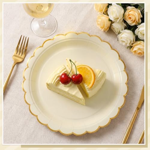 NatNarr 30 Pk Ivory Paper Plates 9" Scalloped Cream Plates with Gold Rim - Image 4