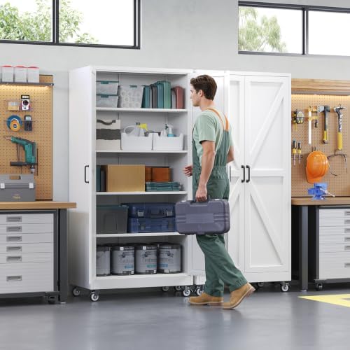 Letaya Metal Garage Storage Cabinet with Wheels,75" White Tool Steel Locker - Image 2
