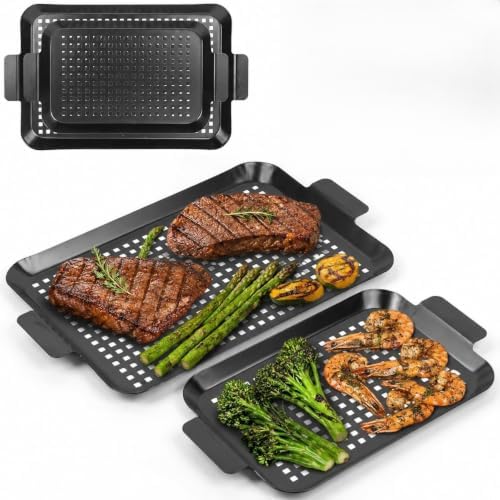 Grill topper: Set Of 2 Outdoor Grill Pans - Grill Trays with Hole Nonstick - BBQ Grilling Baskets for Outdoor Camping, Suitable for Vegetable Meat (2pcs) by Kitchenitemsforbeauty