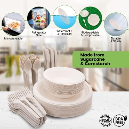 250 Piece (50 Sets) Biodegradable Paper Plates Set (EXTRA LONG UTENSILS), Disposable Dinnerware Set, Eco Friendly Compostable Plates & Utensil include Plates, Bowls, Forks, Knives and Spoons - Image 3