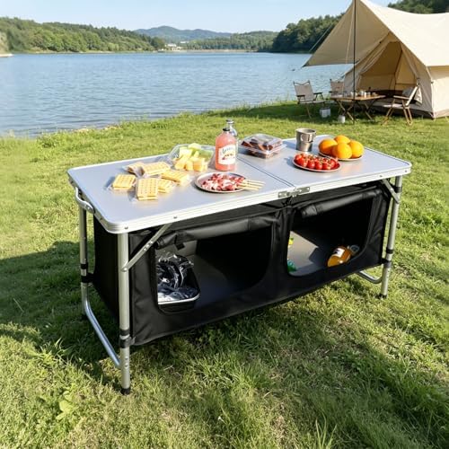 JOUYEK Camping Table, Folding Portable Kitchen Table with Storage Black - Image 2