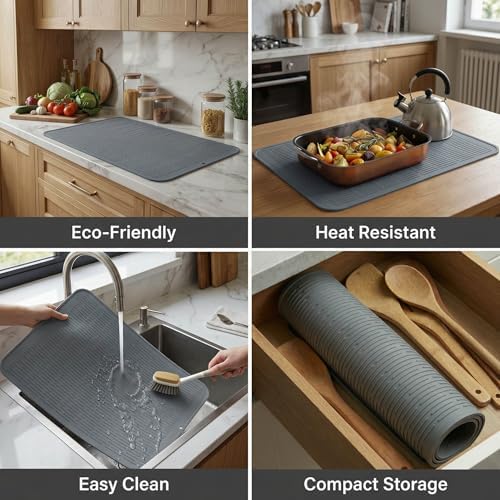 MicoYang Silicone Dish Drying Mat for Multiple Usage,Easy clean,Eco-friendly,Heat-resistant Silicone Mat for Kitchen Counter or Sink,Refrigerator or Drawer Liner Grey 3XL 28 inches x 18 inches - Image 4