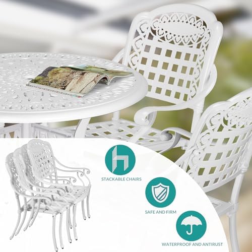 MEETWARM 5-Piece Outdoor Patio Dining Set, All-Weather Cast Aluminum Patio Conversation Set for Backyard Garden Deck with 4 Chairs and 35.4" Round Table with Umbrella Hole, White - Image 3