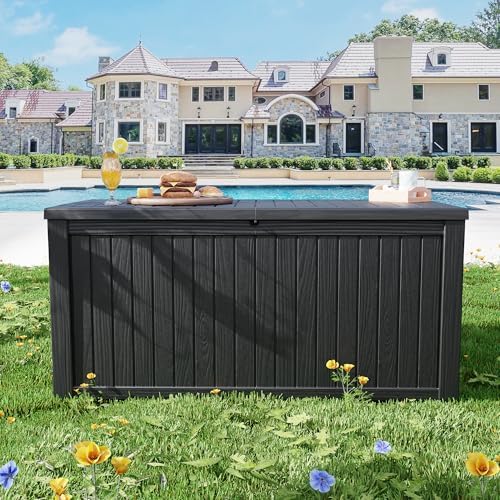 ROJIK Outdoor Storage Housing Deck Box - Waterproof Patio Furniture, Garden Tools, Cushions, Pool Accessories Storage Bench with Lockable Lid and Side Handles (Black, 200 Gal) - Image 3