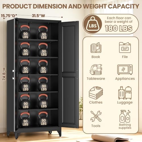 75" Metal Storage Cabinet, Garage Cabinet with Doors and Shelves - Image 3