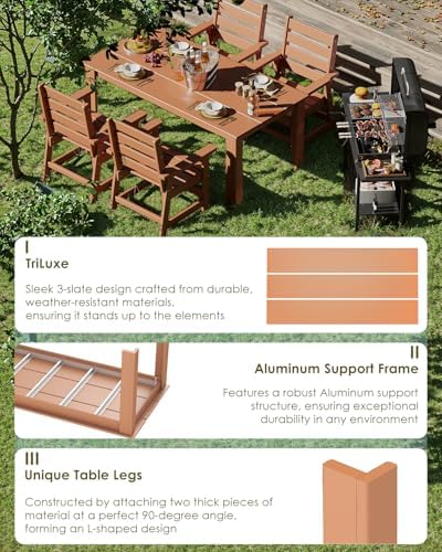 GREENVINES HDPE Outdoor Dining Table w/Umbrella Hole for 6, Teak - Image 3
