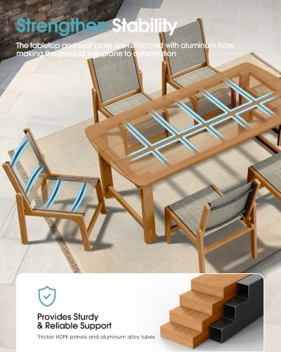 Ciokea HDPE Outdoor Dining Set, Patio Table and 4 Stackable Chairs, Teak - Image 5