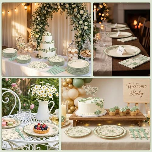 100 Pcs Disposable Sage Green Floral Tableware Set for 25 Guests - Image 5