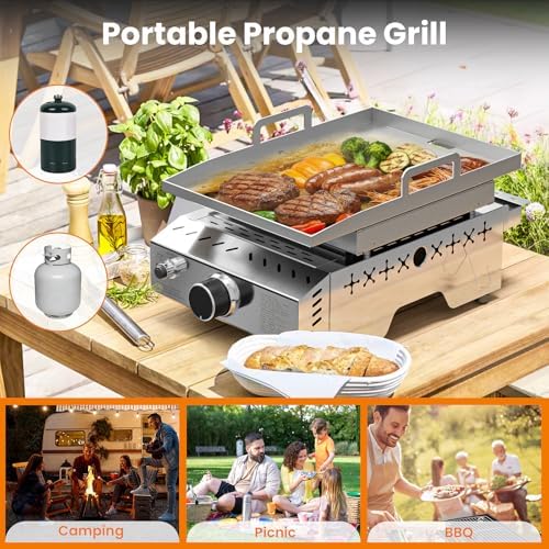 WAA Portable Propane Griddle, 8000BTU Tabletop Portable Propane Gas Grill with One Burner, Stainless Steel Flat Top Grill, Outdoor Cooking for Tailgating,Camping, RVs, BBQ, Patio, Silver - Image 6