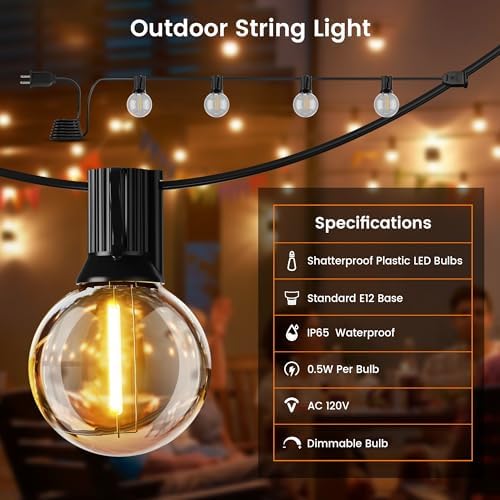 OHLUX Outdoor String Lights, 180FT LED Patio Lights with 82 Dimmable Plastic G40 Globe Bulbs 2 Spares, 2200K Waterproof Connectable Hanging Lights for Backyard Porch Cafe Party Decor E12 Socket - Image 5