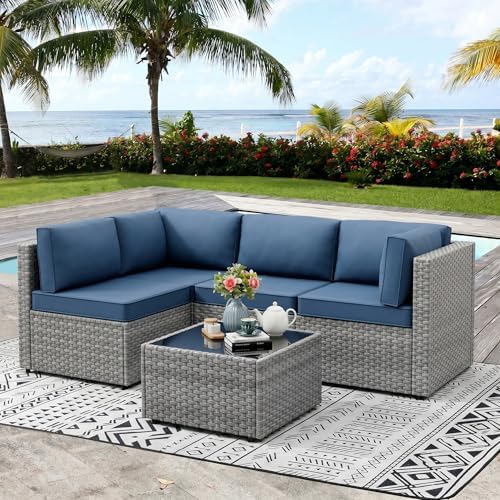 Vongrasig 5 Pieces Patio Furniture Set with Cushion, Glass Table, Navy Blue by Vongrasig