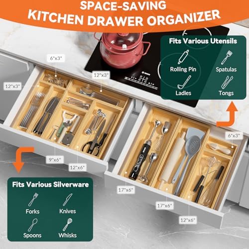 Lixple Bamboo Kitchen Drawer Organizer, 2 Pack, 15" x 6" x 2" - Image 3