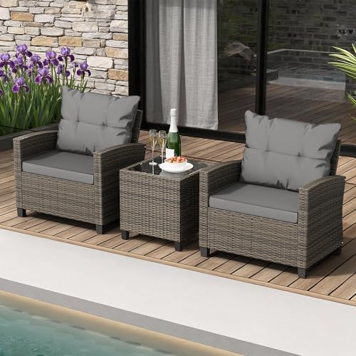 Shintenchi 3 Pieces Patio Furniture Set 3 Pieces PE Rattan Wicker Chairs with Table Outdoor Furniture for Backyard/Garden/Poolside/Outdoor Restaurant Gary Rattan with Gary Cushion - Image 3