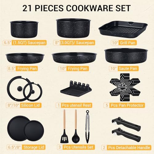 Ammeloo 21Pcs Pots and Pans Set Non Stick with Detachable Handle, Grill Pan - Image 2