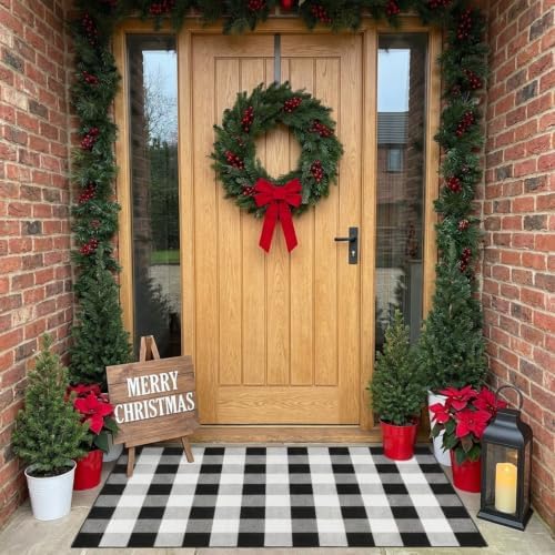 SEEKSEE Buffalo Plaid Outdoor Rug 3' x 5' Black and White Front Door Mat, Layering Rug for Porch, Washable Doormat, Cotton Area Rug for Outdoor Entrance Entryway Patio Porch Decor - Image 4