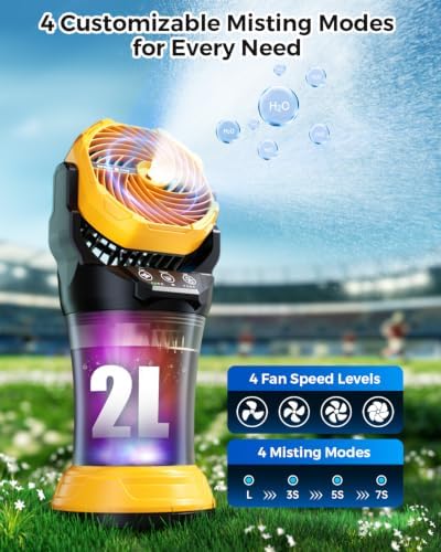Portable Outdoor Misting Fan with 4 Mist Modes & Remote, 2L Tank & 30000mAh Battery, Powerful Cooling Mister, Extreme Heat Relief for Patio Camping Garden Backyard Tailgate Parties (Yellow) - Image 2