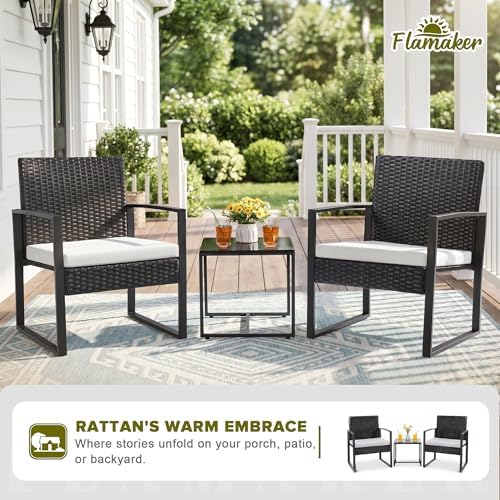 Flamaker 3 Pieces Patio Furniture Set Outdoor Wicker Bistro Chair (White) - Image 2