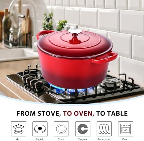 E-far Enameled Cast Iron Dutch Oven with Lid, 6 Quart Round Dutch Oven Pot Nonstick Cookware for Braising, Stews, Roasting, Bread Baking, Cooking, Heavy Duty, Induction & Oven Safe - Red - Image 5