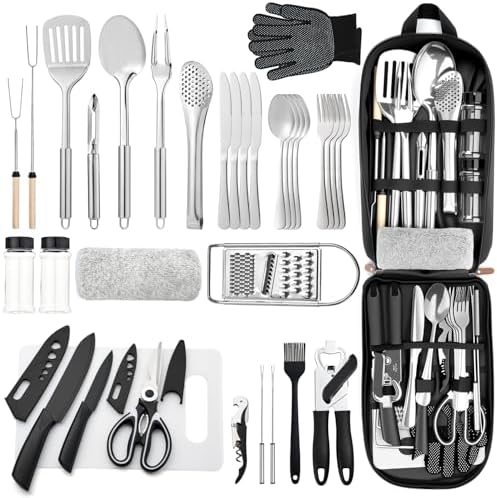 THTYBROS Portable Camping Kitchen Utensil 34 Pcs Set- Cookware Kit, Stainless Steel Outdoor Cooking and Grilling Utensil Organizer Travel Set Perfect for Travel, Picnics, RVs, Camping, BBQs, Parties by THTYBROS