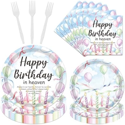 Gameza Happy Birthday in Heaven Party Decorations, 96PCS Heavenly Angel Disposable Paper Plates and Napkins Decor, Funeral Memorial Forks Tableware Set for Condolence Anniversary Supplies Serves 24 by GAMEZA
