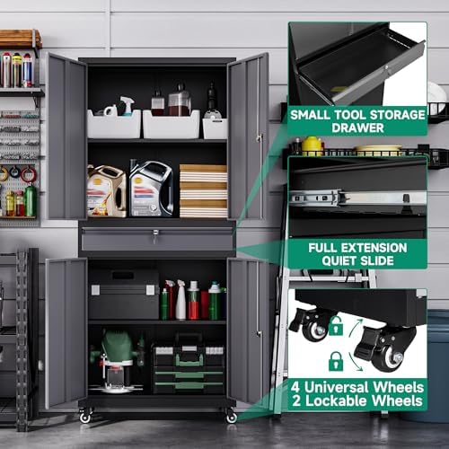 Letaya Metal Garage Storage Cabinet with Wheels,72” Rolling Tool Cabinet with 4 Door Lock-Adjustable Shelves and Drawer for Garage Home Office Utility Room (Black&Gray with Wheels) - Image 4