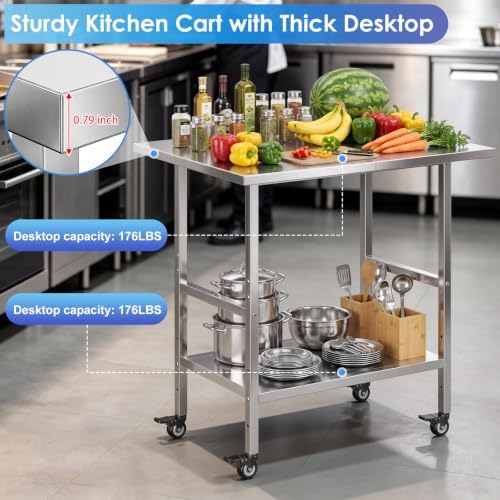 NSF Stainless Steel Prep Table with Wheels, Commercial Worktable with 4 Casters & Brakes & Adjustable Undershelf, Heavy Duty Rolling Kitchen Island Cart for Restaurant, Home, Outdoor BBQ & Pizza Oven - Image 4