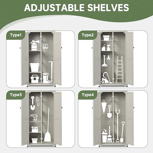 Outdoor Storage Shed with Floor & Adjustable Shelves, Wooden Garden Tool Cabinet Weatherproof, 71" Vertical Patio Organizer - Image 5